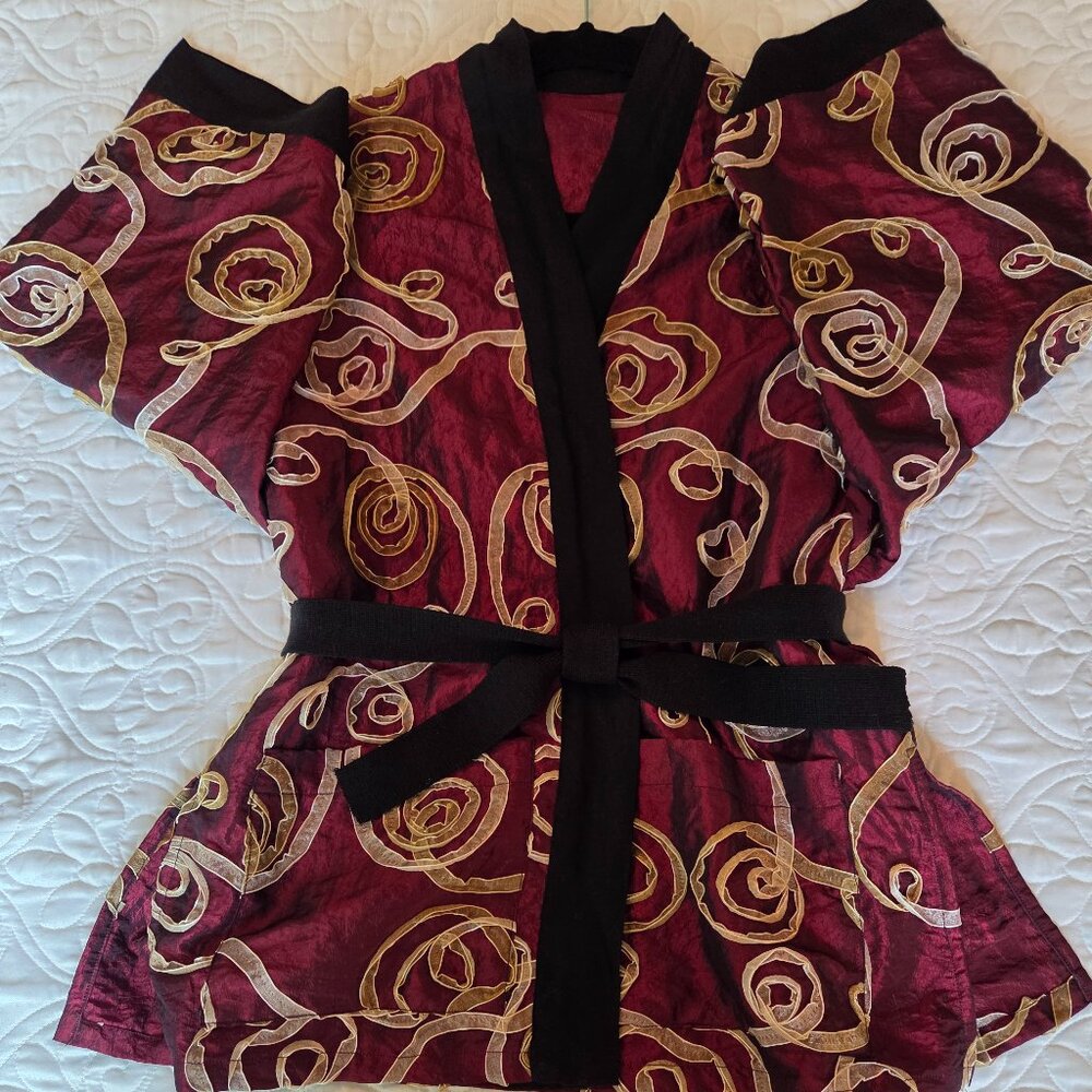 Handmade Burgundy taffeta Kimono robe ivory gold ribbon embroider black short Lg